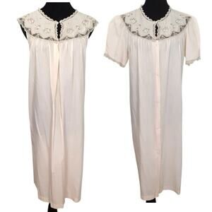 Vintage 70s Barbizon Nightgown House Coat Peignoir Set Pink Lace Embroidered S
